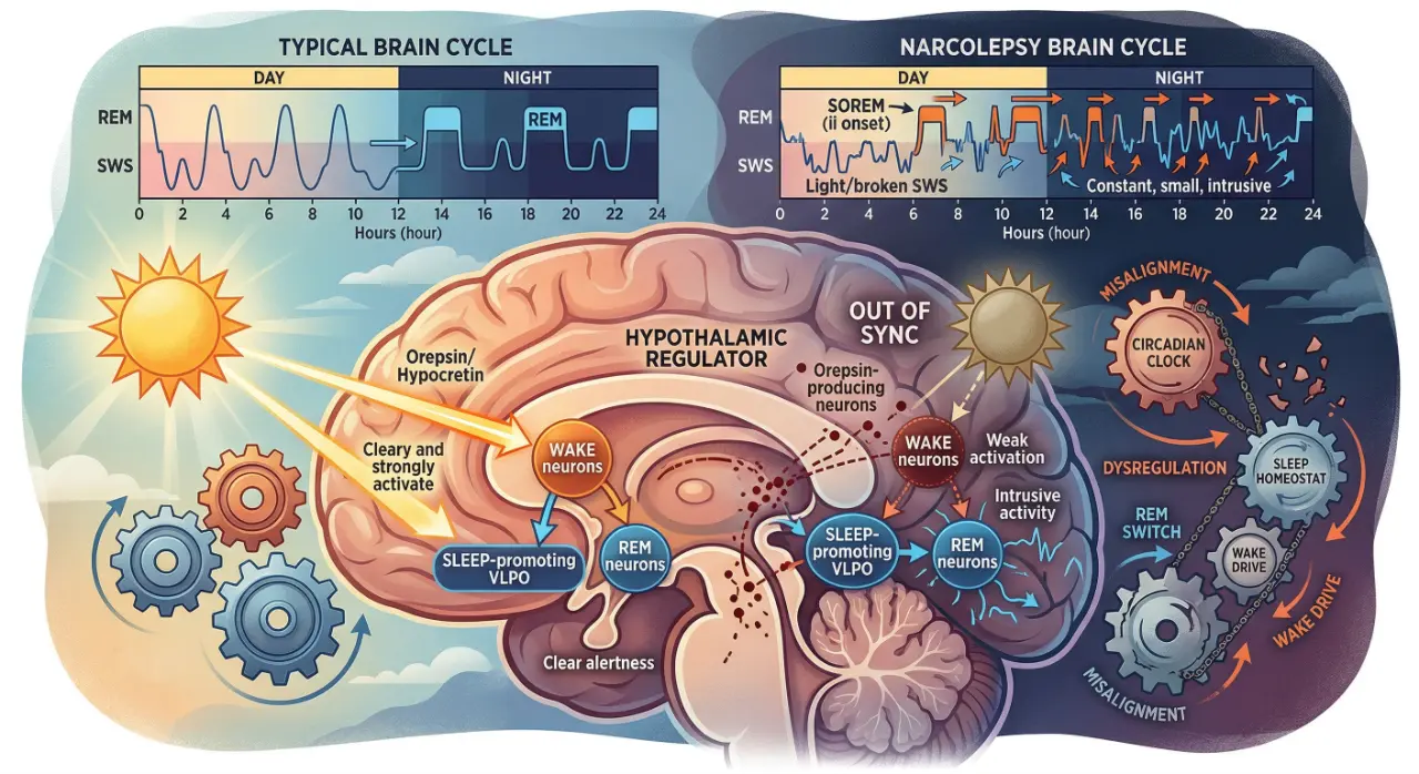 Narcolepsy brain cycle out of sync