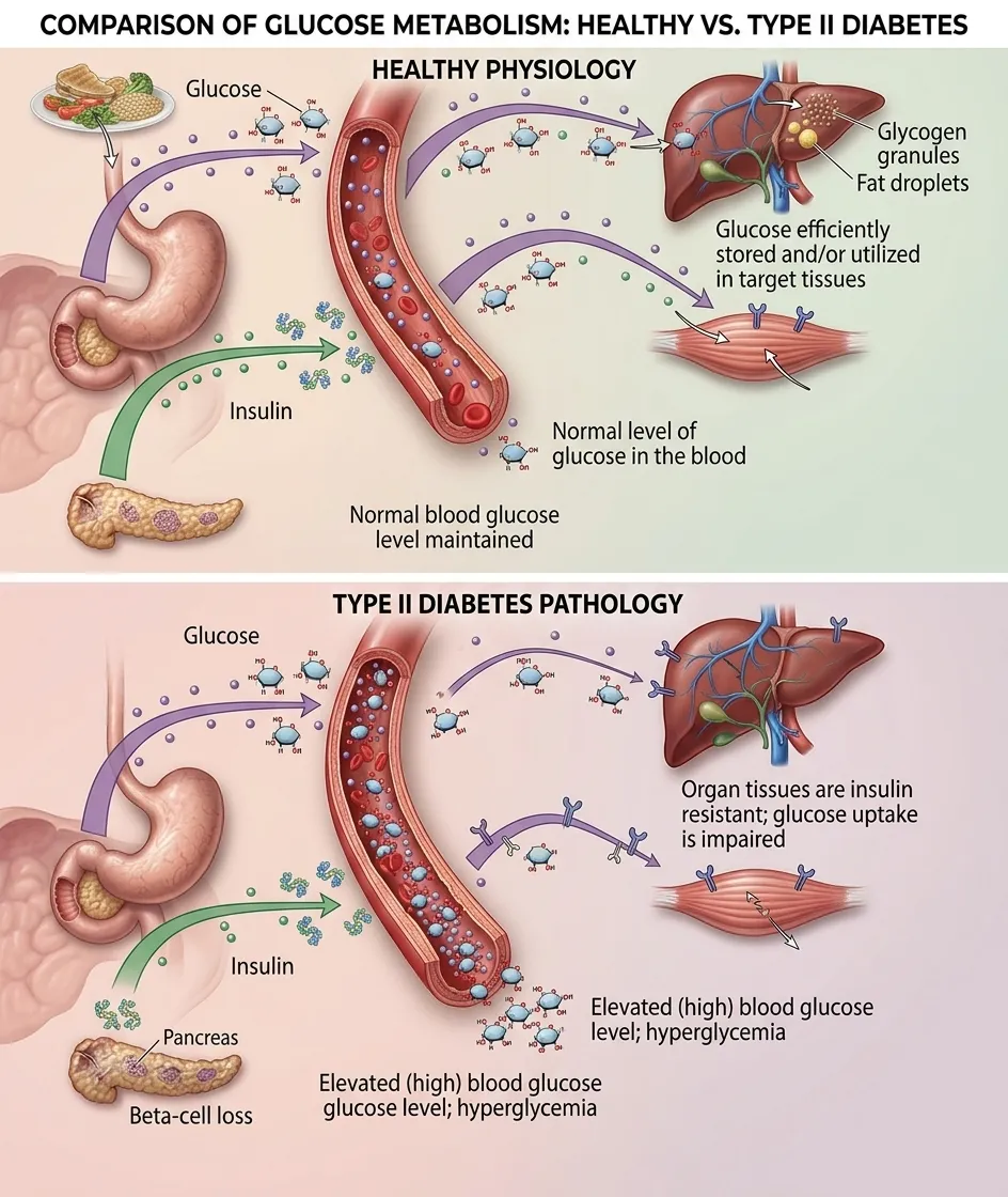 Comparison of Glucose Metabolism healthy vs Type 2 Diabetes